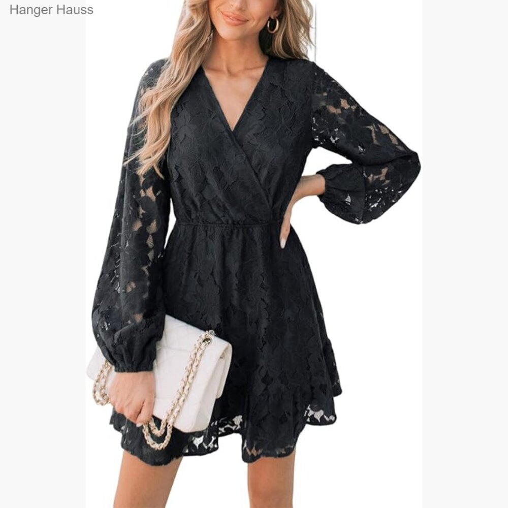 V Neck Lace Peasant Sleeve Mini Dress Elastic High Waist A Line